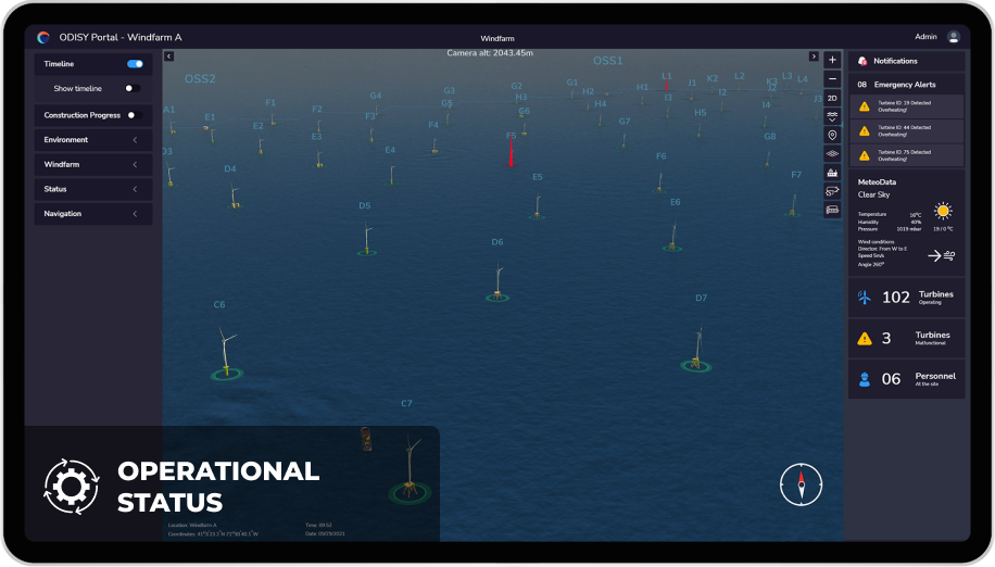Manage the operational status of your windfarm using either a 3D or 2D user interface